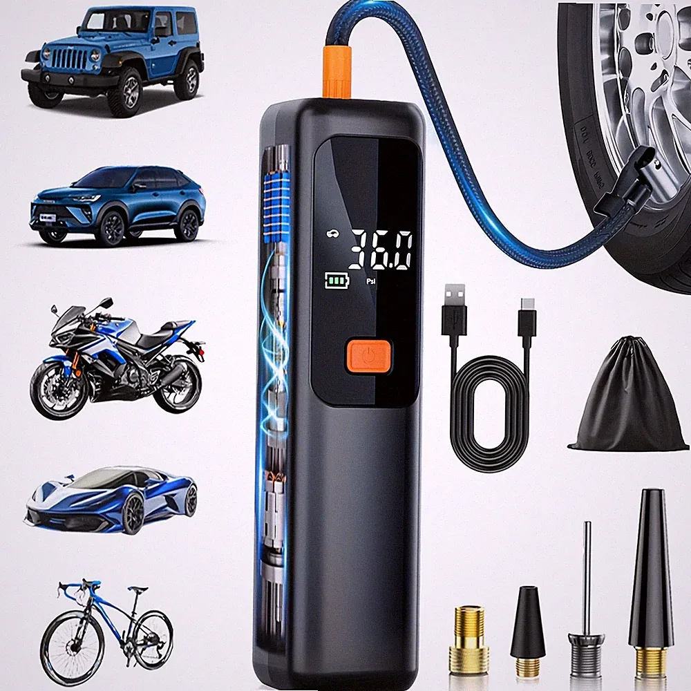Cordless Car Air Pump Mini Electric Air Compressor Portable Tire Inflator 60W US