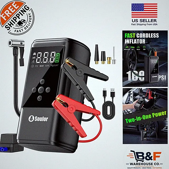 Emergency-Ready 6000A Jump Starter with Cordless Tire Inflator & Accessories