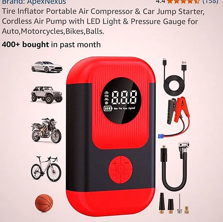 Tire Inflator Portable Air Compressor & Car Jump Starter, Cordless Air Pump